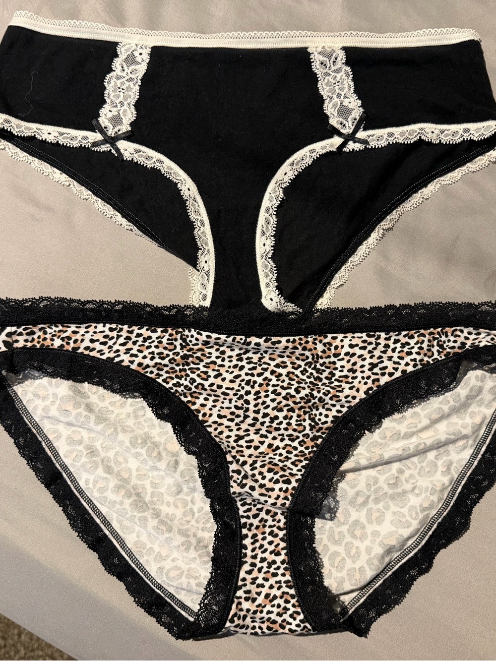 Victoria's Secret Black & Cream Lace Bikini Panties - Leopard Accent